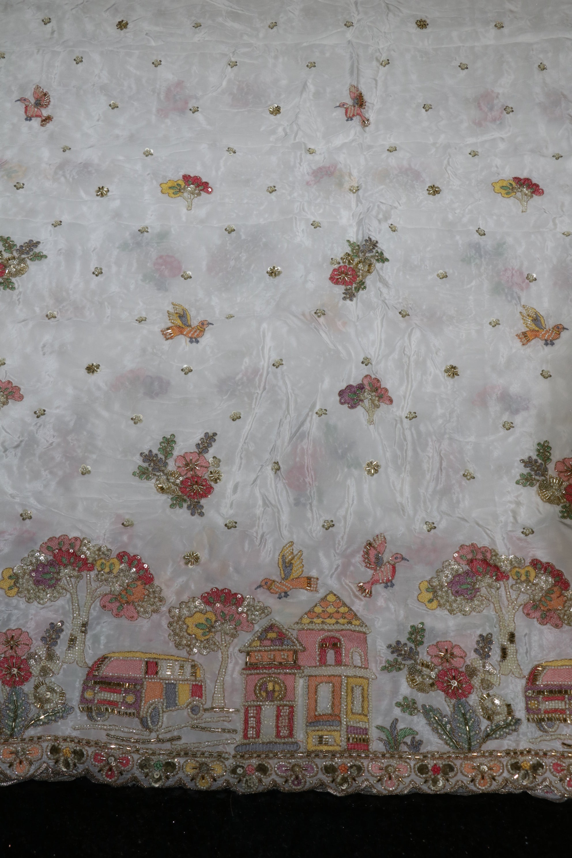 330-Dyable Pure Tissue Gold, Natural Crepe, Kanjivaram With Beads and Sequins Embroidery Work 58 Inch Width Daman