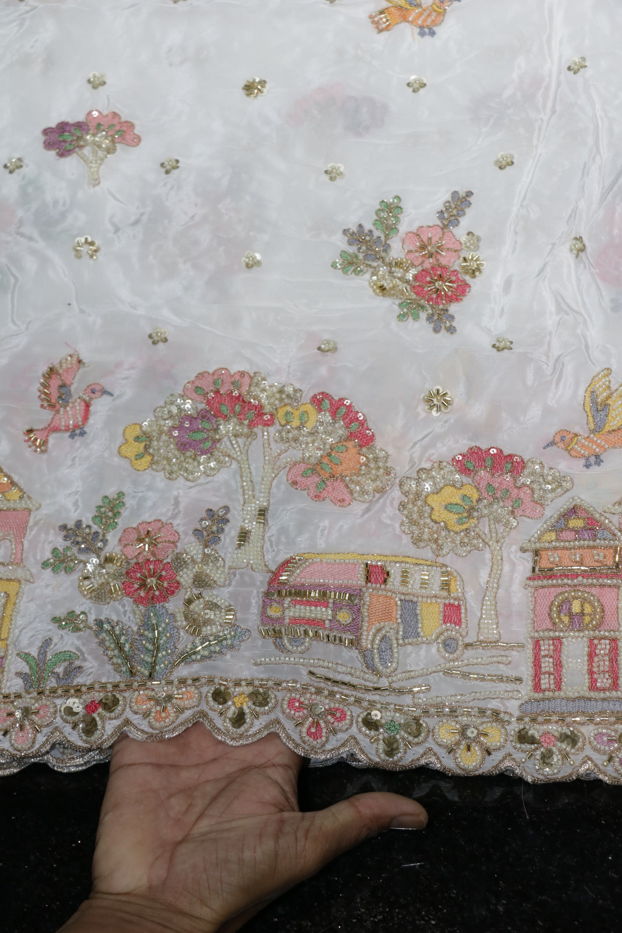 330-Dyable Pure Tissue Gold, Natural Crepe, Kanjivaram With Beads and Sequins Embroidery Work 58 Inch Width Daman