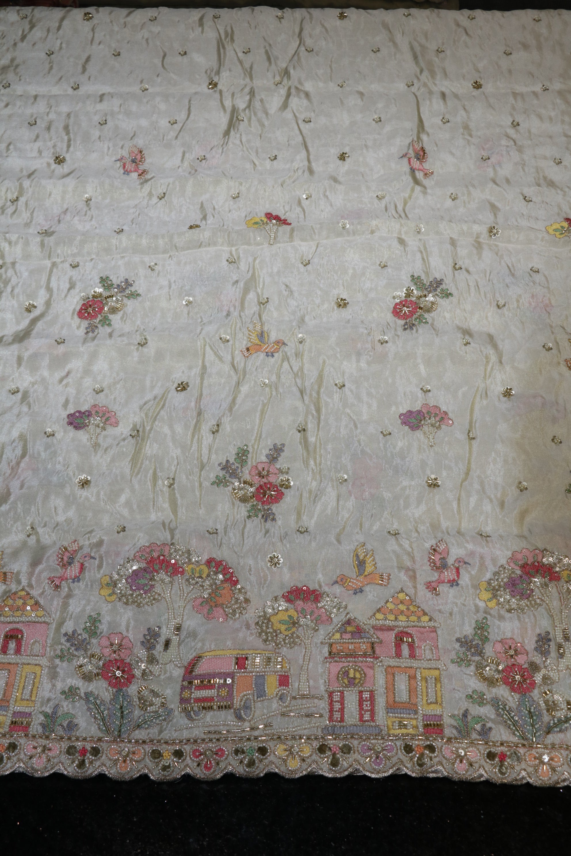 330-Dyable Pure Tissue Gold, Natural Crepe, Kanjivaram With Beads and Sequins Embroidery Work 58 Inch Width Daman