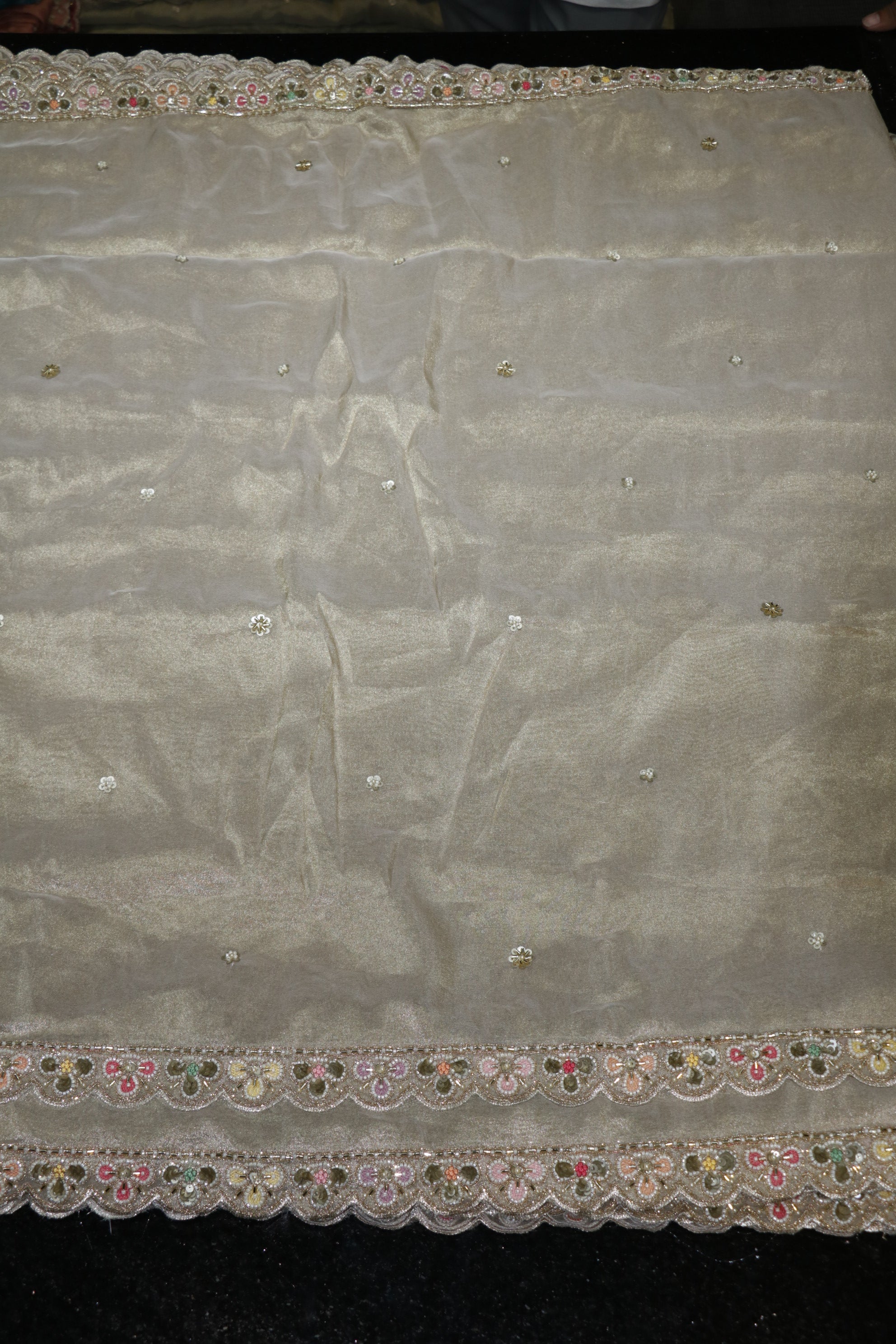 330-Dyable Pure Tissue Gold, Natural Crepe, Kanjivaram With Beads and Sequins Embroidery Work 44 Inch Width Dupatta