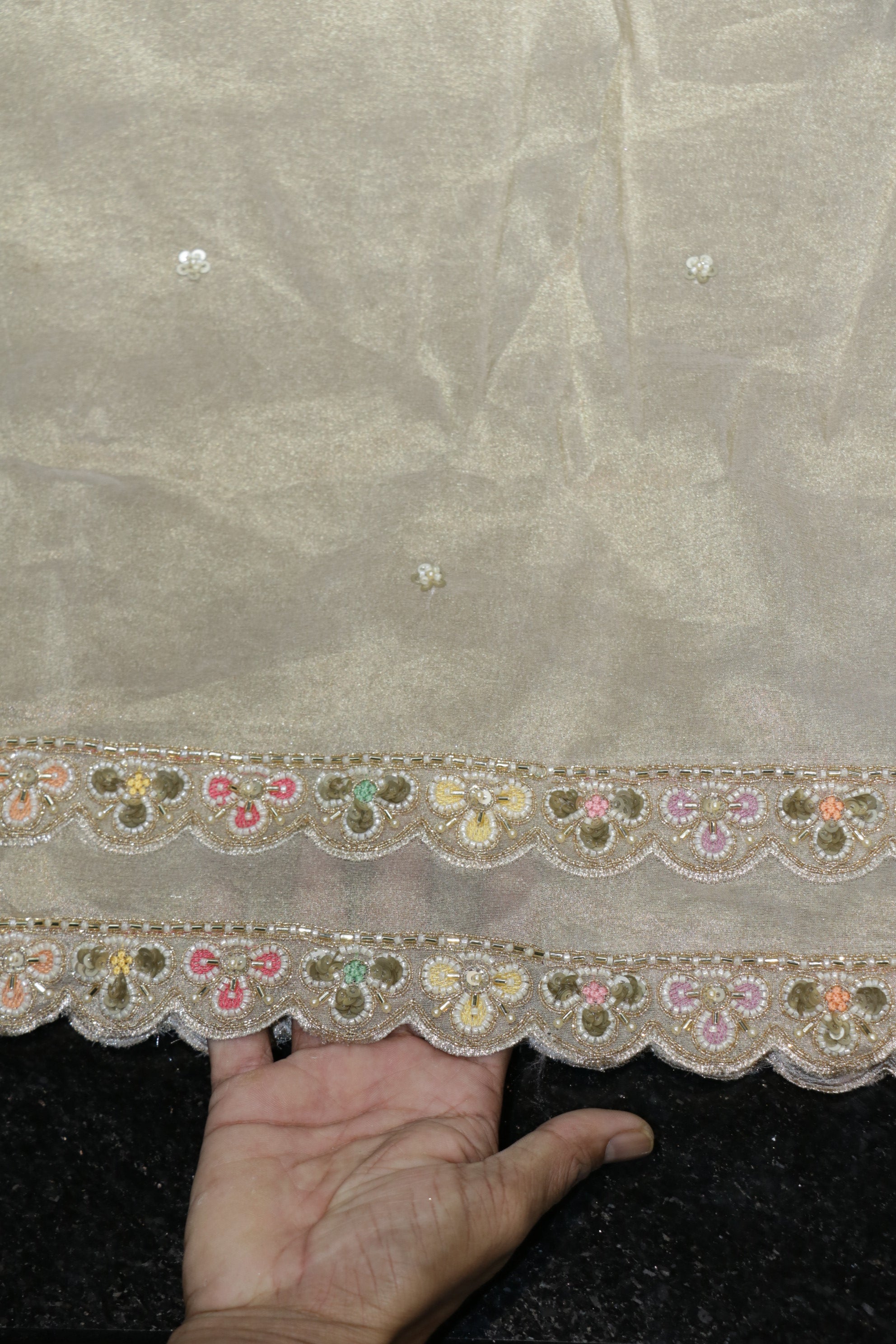 330-Dyable Pure Tissue Gold, Natural Crepe, Kanjivaram With Beads and Sequins Embroidery Work 44 Inch Width Dupatta