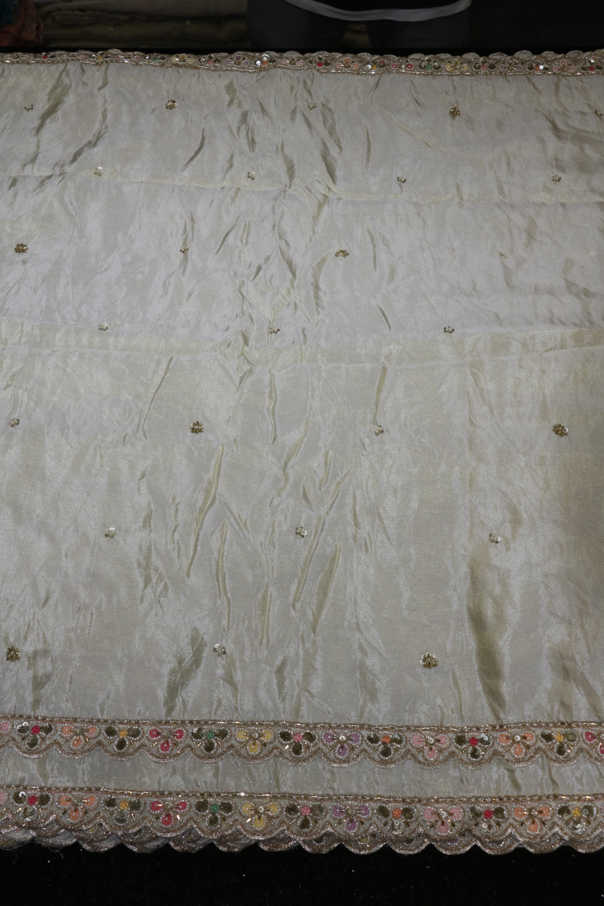 330-Dyable Pure Tissue Gold, Natural Crepe, Kanjivaram With Beads and Sequins Embroidery Work 44 Inch Width Dupatta