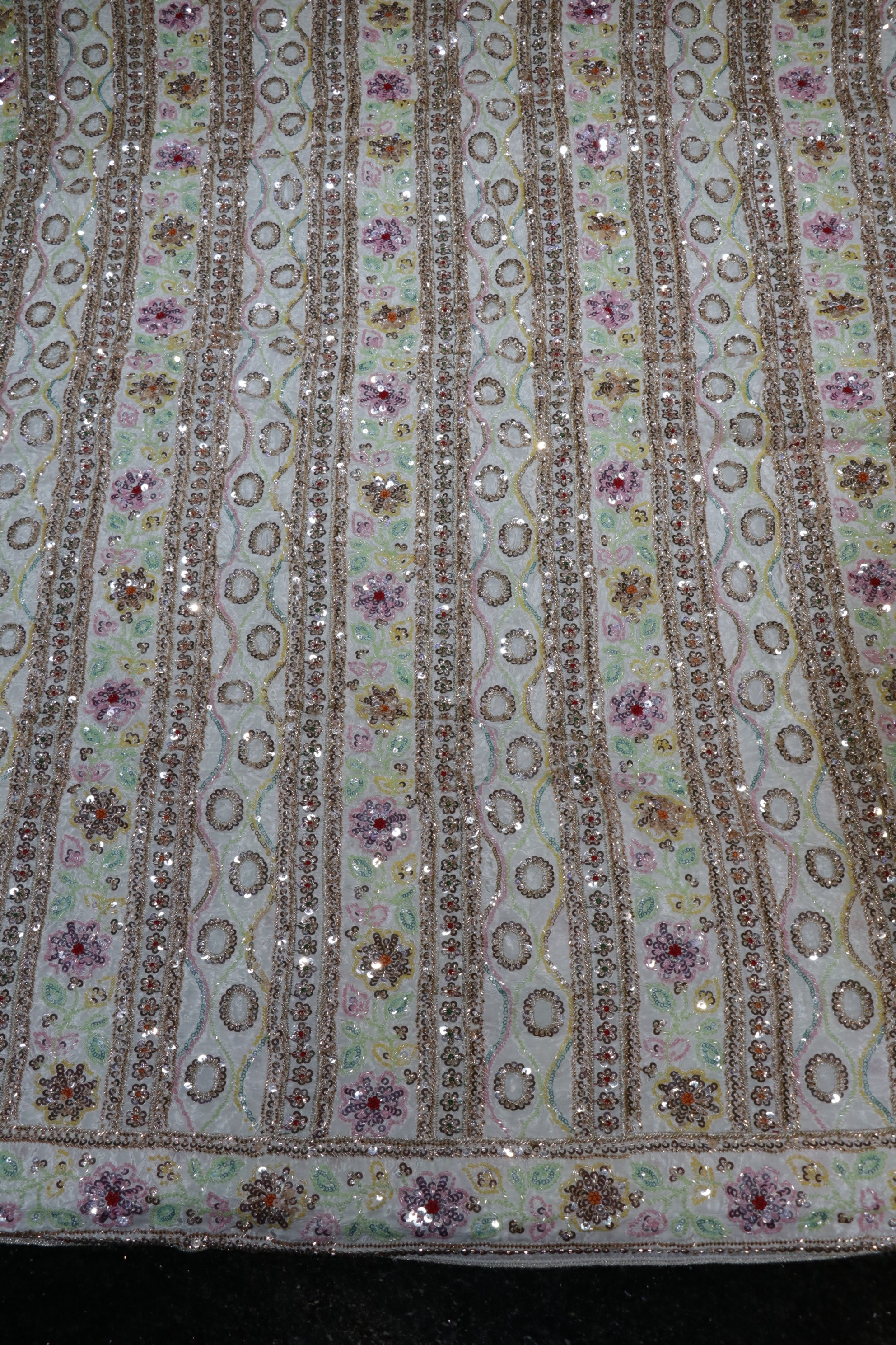 299-Dyable Pure Tissue Gold, Natural Crepe With Beads and Sequins Embroidery Work 44 Inch Width Daman/Allover