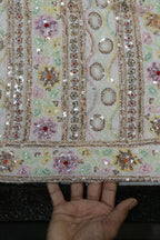 299-Dyable Pure Tissue Gold, Natural Crepe With Beads and Sequins Embroidery Work 44 Inch Width Daman/Allover