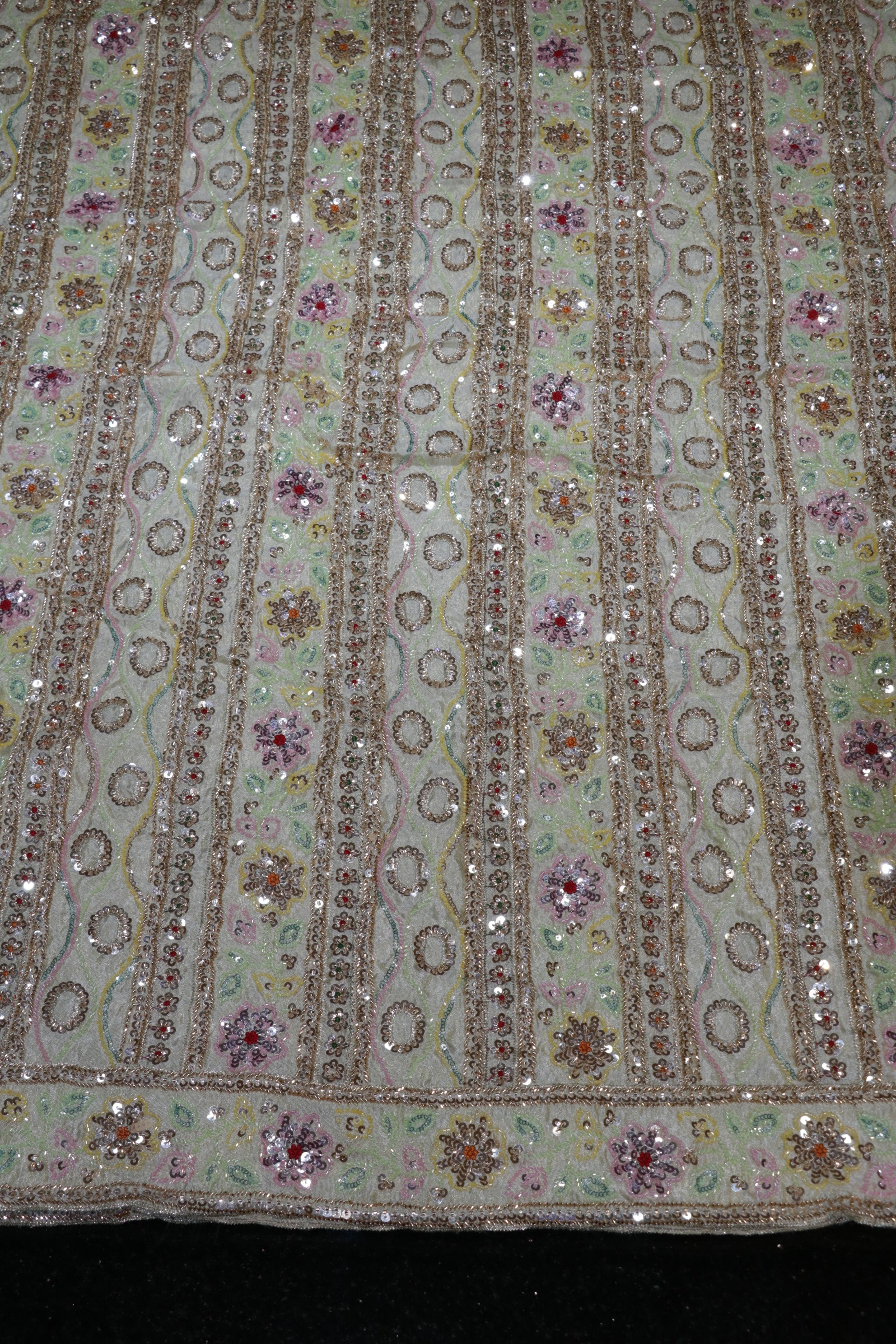 299-Dyable Pure Tissue Gold, Natural Crepe With Beads and Sequins Embroidery Work 44 Inch Width Daman/Allover