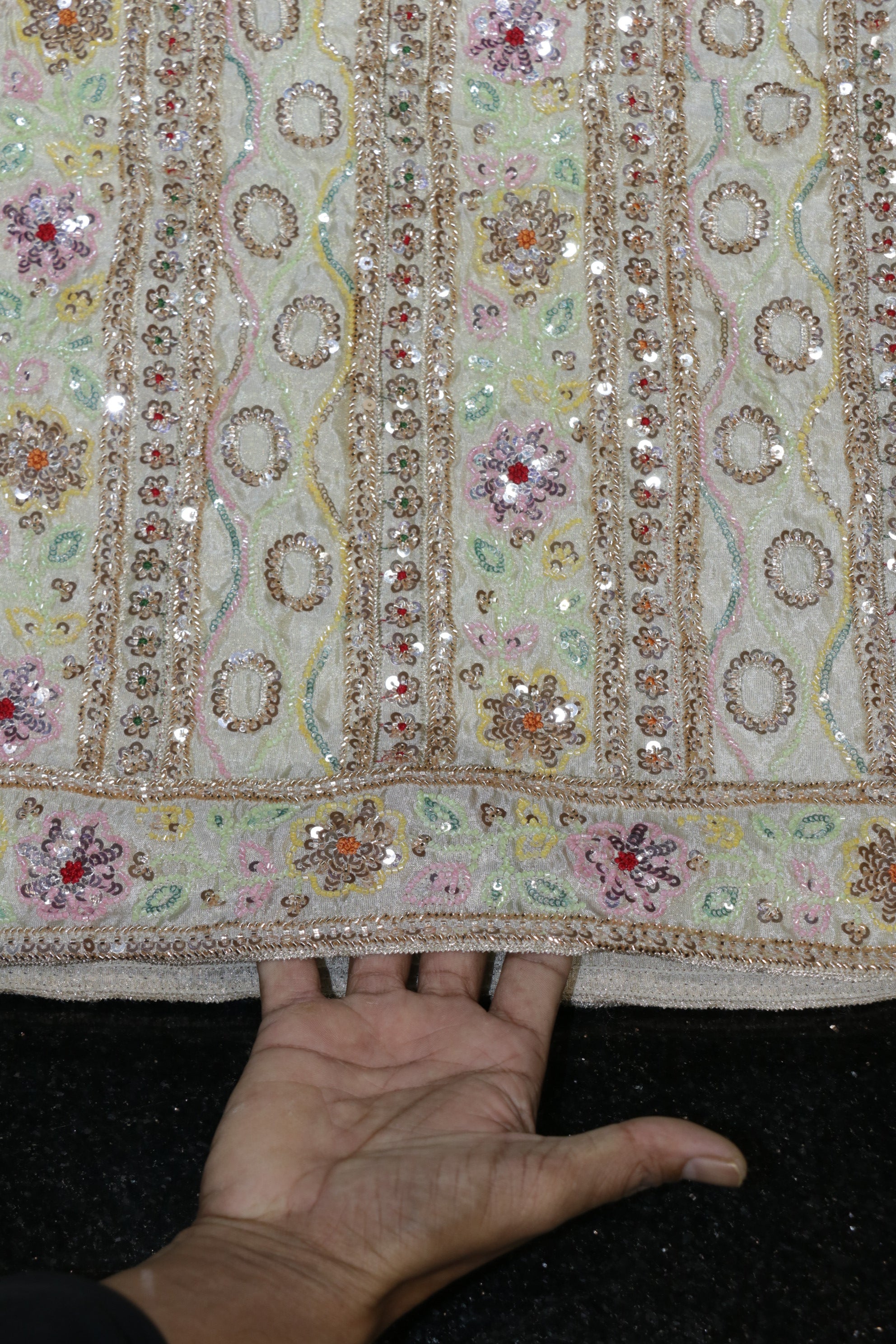 299-Dyable Pure Tissue Gold, Natural Crepe With Beads and Sequins Embroidery Work 44 Inch Width Daman/Allover