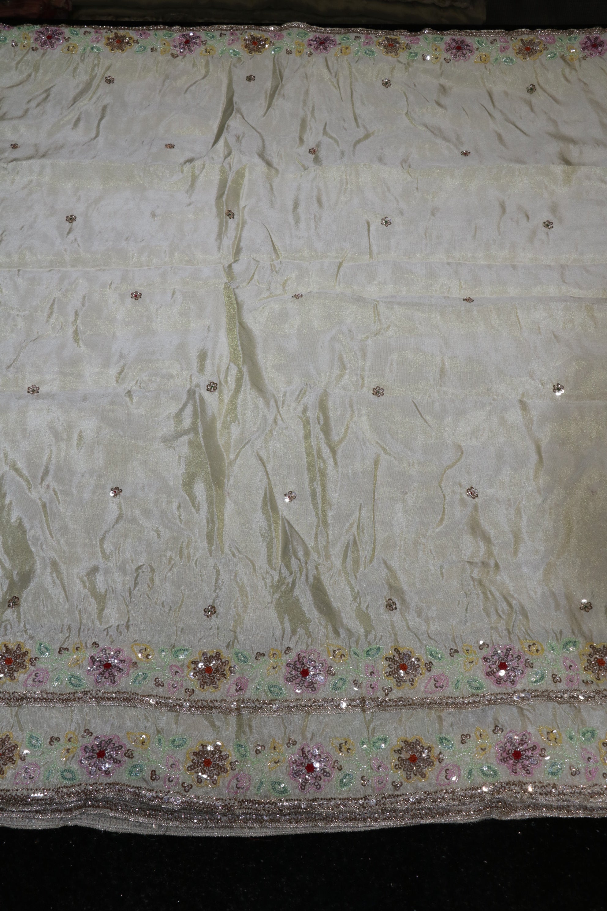 299-Dyable Pure Tissue Gold, Natural Crepe With Beads and Sequins Embroidery Work 44 Inch Width Dupatta