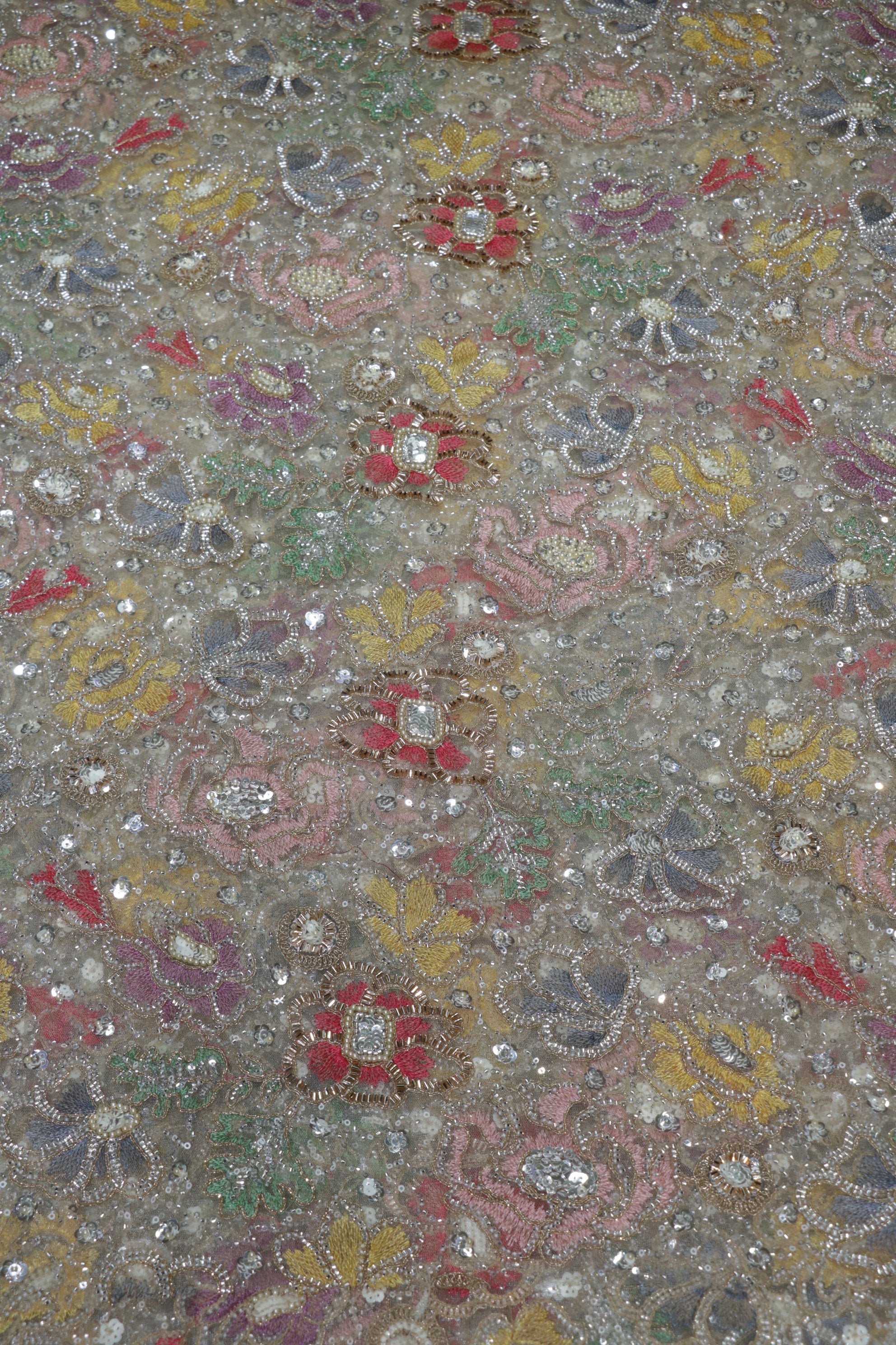 234-Dyable Pure Tissue Gold, Natural Crepe, Kanjivaram, Giraffe, Net With Beads and Sequins Embroidery Work 44 Inch Width Allover