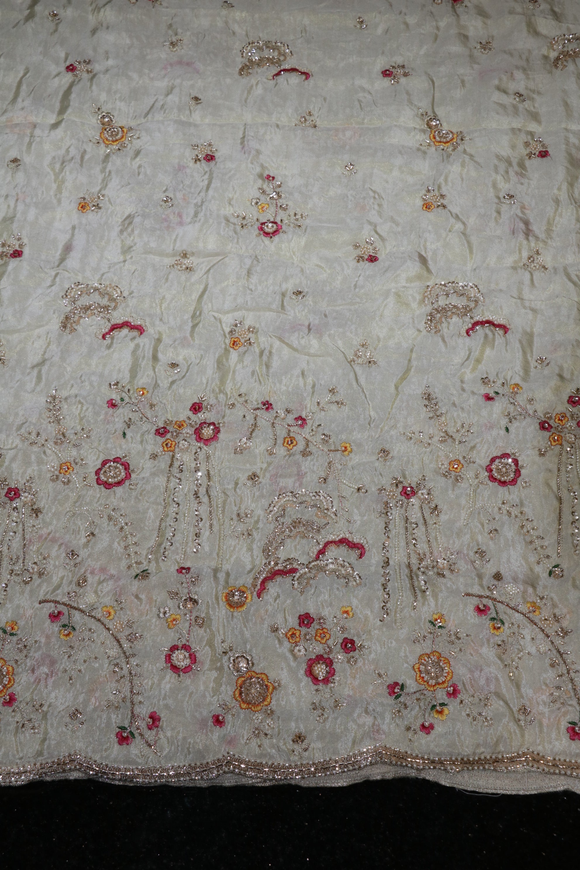 325-Dyable Pure Tissue Gold, Natural Crepe With Beads and Sequins Embroidery Work 58 Inch Width Daman
