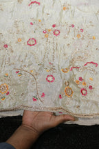 325-Dyable Pure Tissue Gold, Natural Crepe With Beads and Sequins Embroidery Work 58 Inch Width Daman