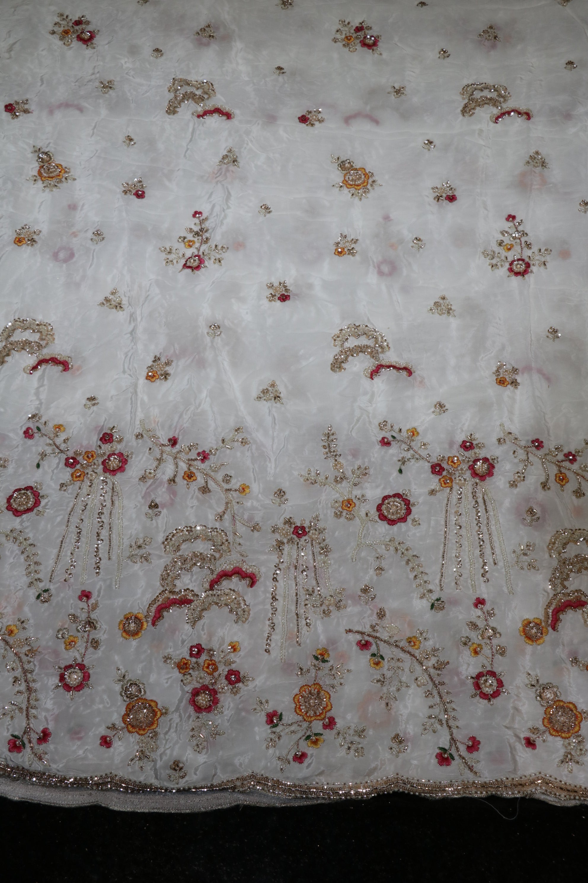 325-Dyable Pure Tissue Gold, Natural Crepe With Beads and Sequins Embroidery Work 58 Inch Width Daman
