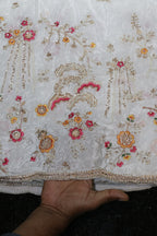 325-Dyable Pure Tissue Gold, Natural Crepe With Beads and Sequins Embroidery Work 58 Inch Width Daman