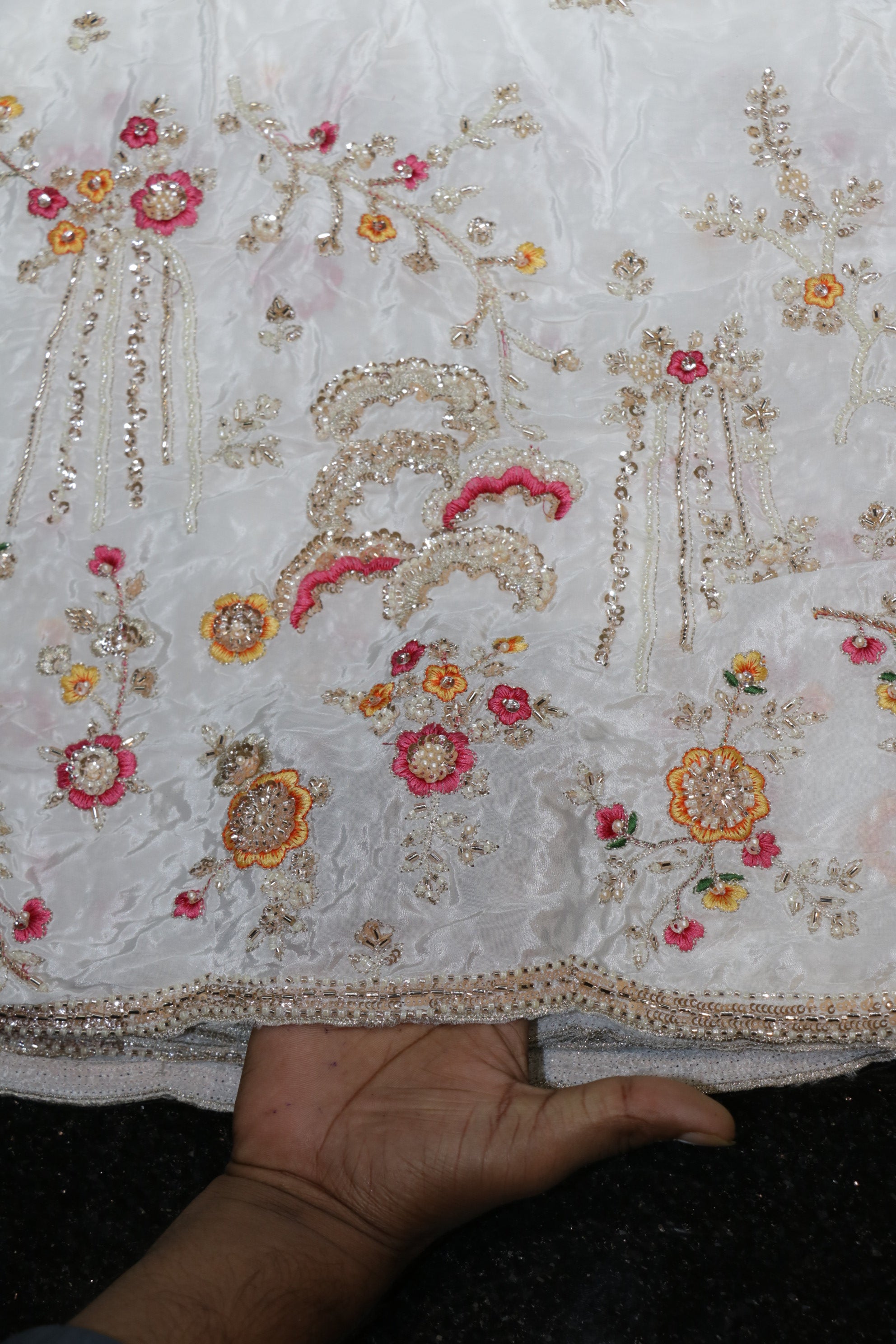 325-Dyable Pure Tissue Gold, Natural Crepe With Beads and Sequins Embroidery Work 58 Inch Width Daman