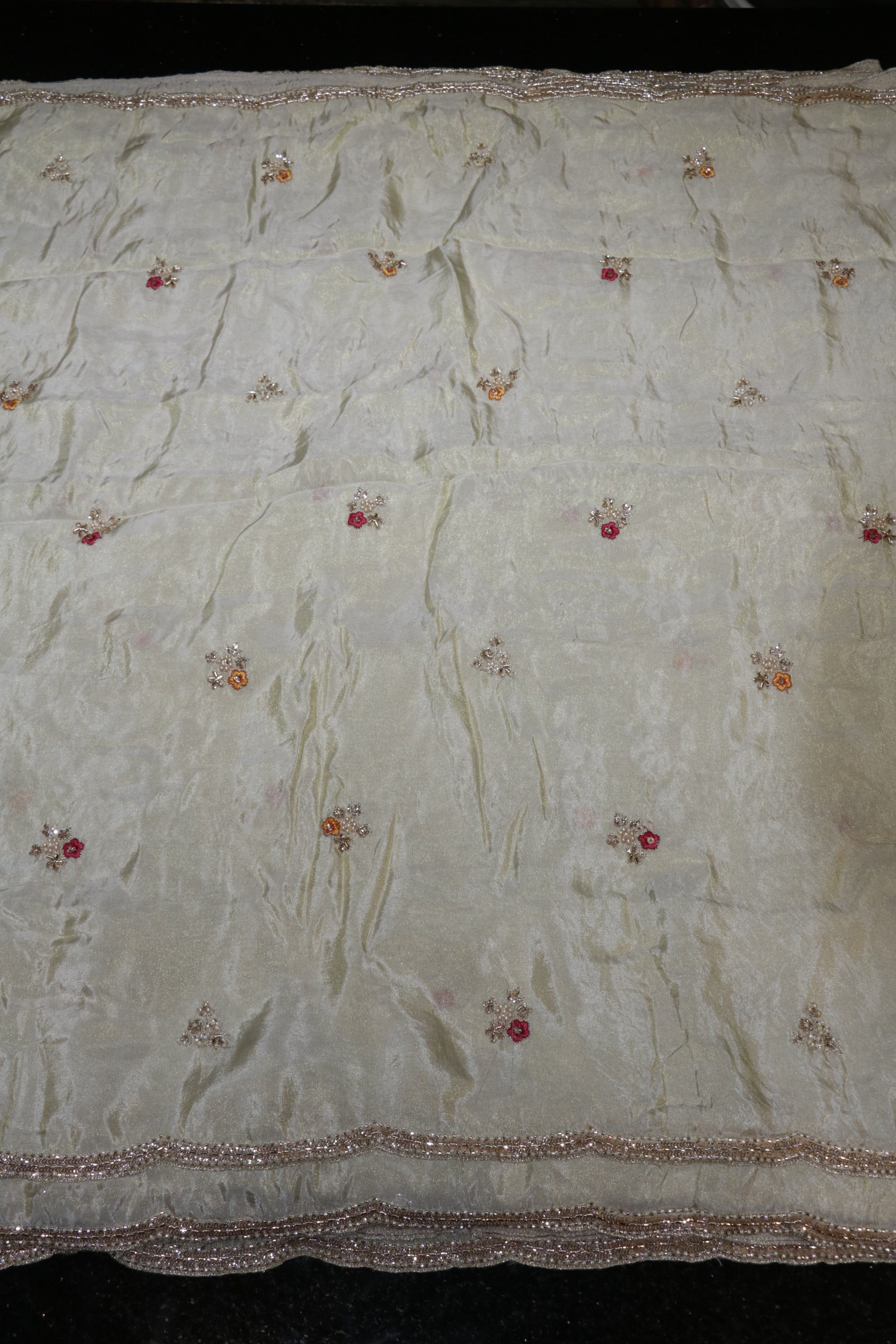 325-Dyable Pure Tissue Gold, Natural Crepe With Beads and Sequins Embroidery Work 44 Inch Width Dupatta