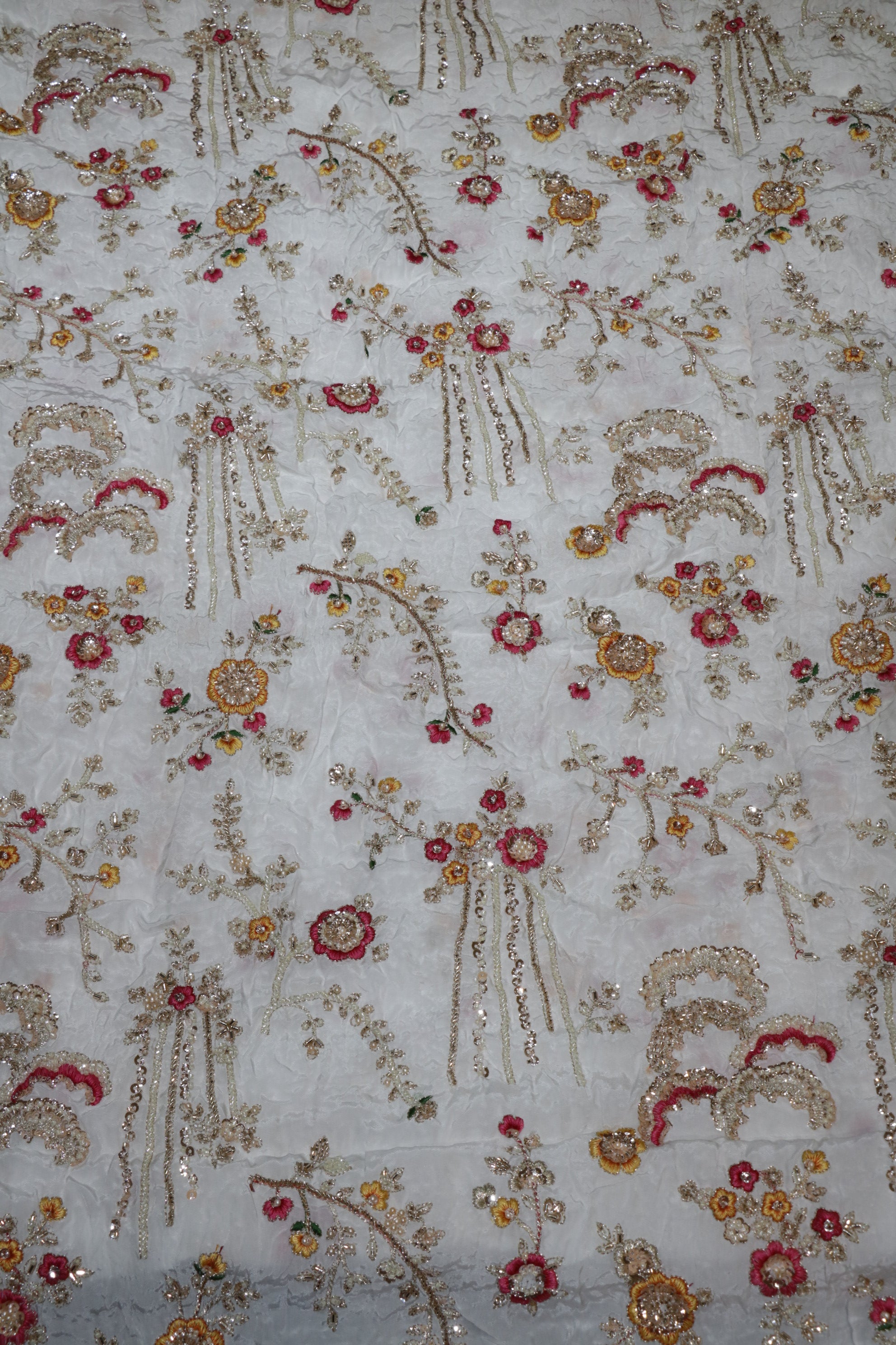 325-Dyable Pure Tissue Gold, Natural Crepe, Giraffe, Kanjivaram With Beads and Sequins Embroidery Work 44 Inch Width Allover
