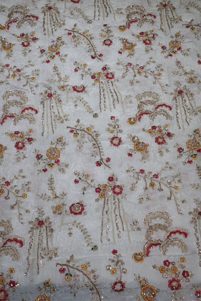 325-Dyable Pure Tissue Gold, Natural Crepe, Giraffe, Kanjivaram With Beads and Sequins Embroidery Work 44 Inch Width Allover
