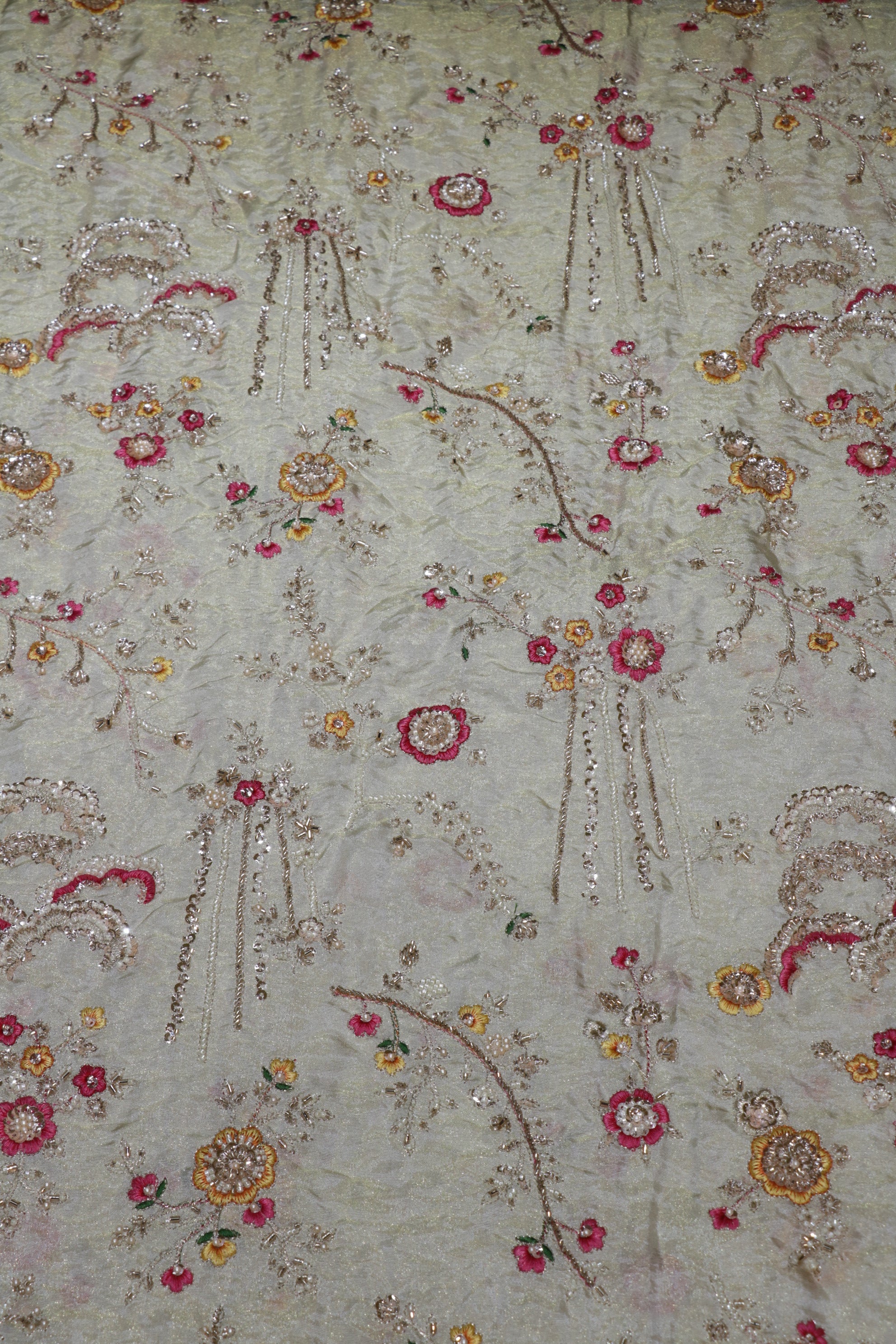 325-Dyable Pure Tissue Gold, Natural Crepe, Giraffe, Kanjivaram With Beads and Sequins Embroidery Work 44 Inch Width Allover