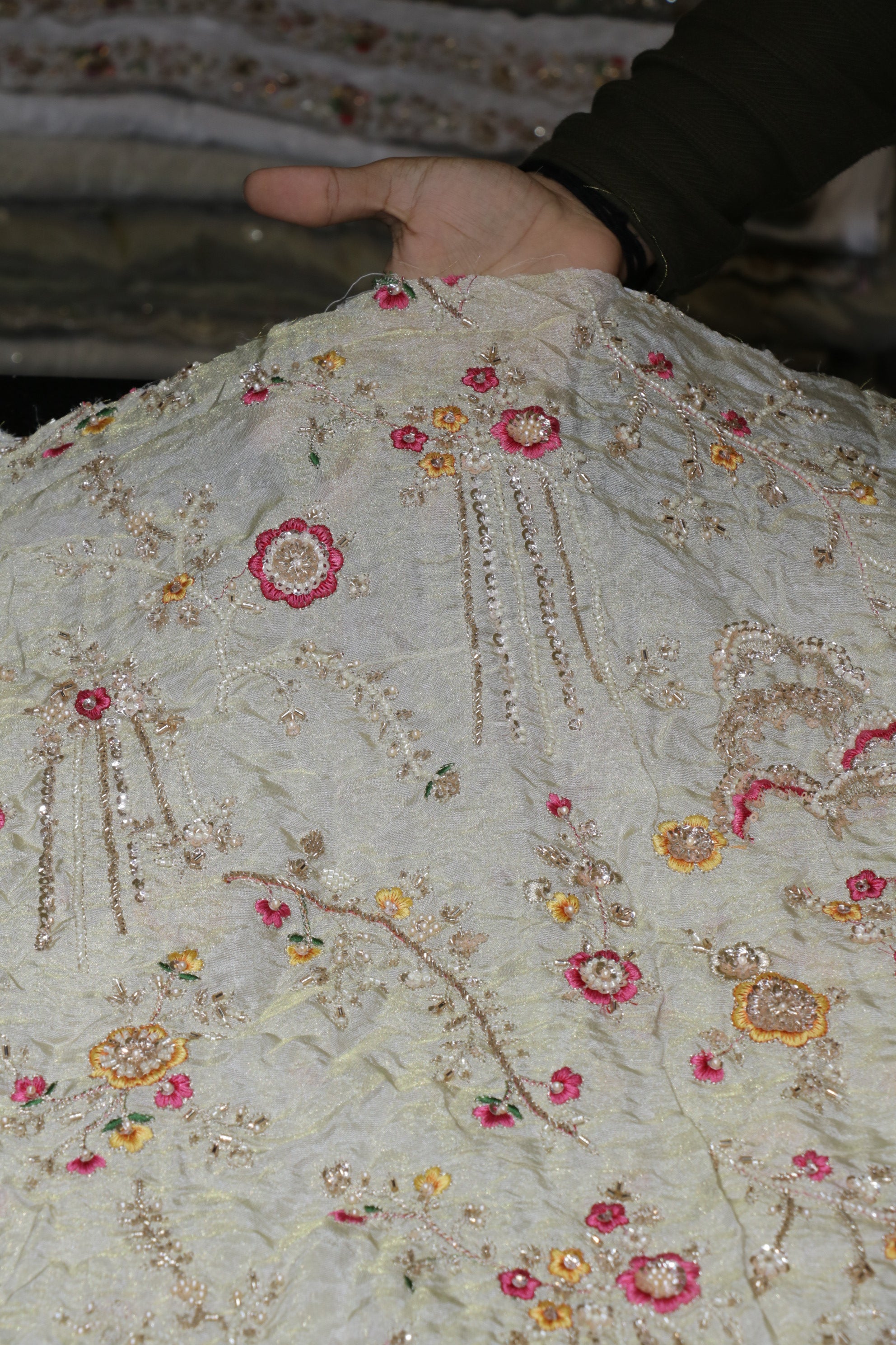 325-Dyable Pure Tissue Gold, Natural Crepe, Giraffe, Kanjivaram With Beads and Sequins Embroidery Work 44 Inch Width Allover