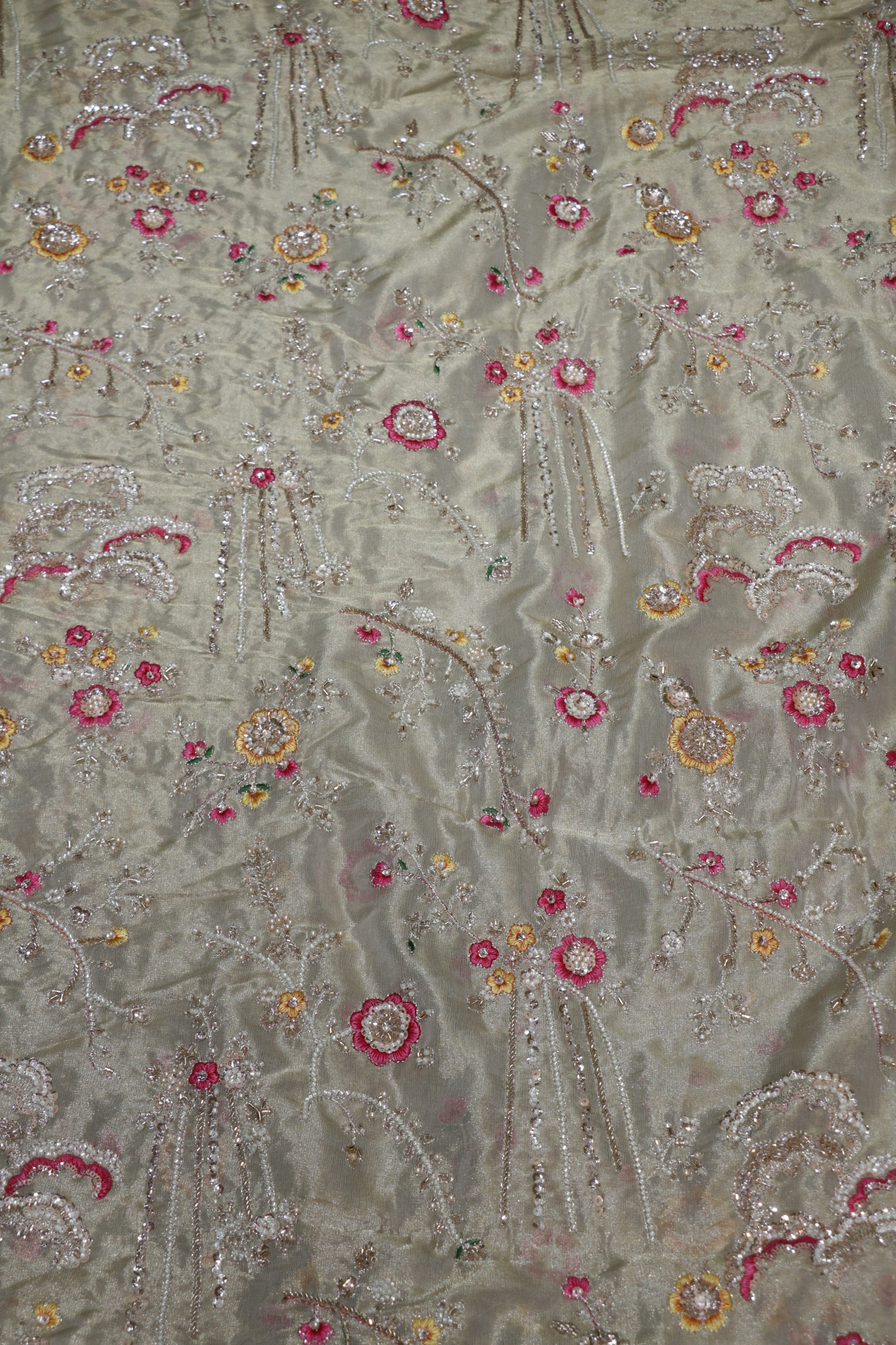 325-Dyable Pure Tissue Gold, Natural Crepe, Giraffe, Kanjivaram With Beads and Sequins Embroidery Work 44 Inch Width Allover
