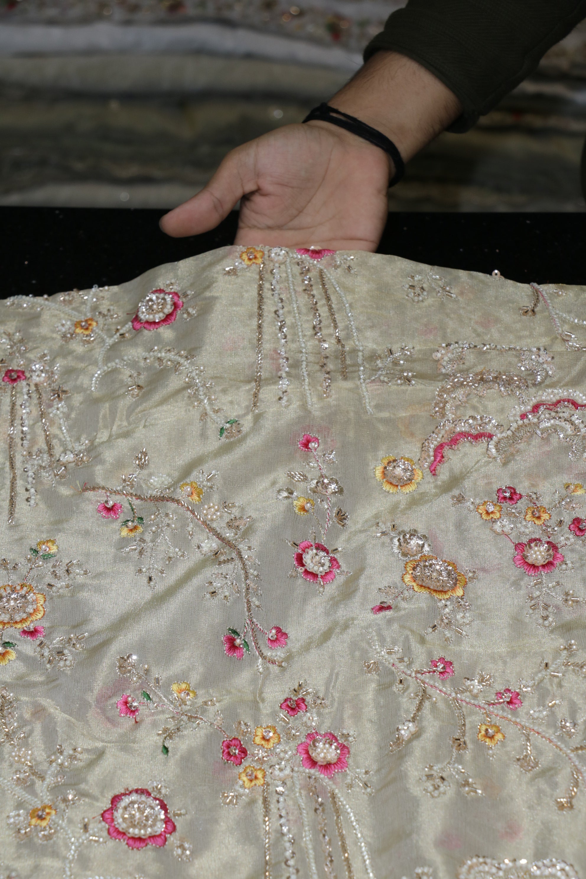 325-Dyable Pure Tissue Gold, Natural Crepe, Giraffe, Kanjivaram With Beads and Sequins Embroidery Work 44 Inch Width Allover