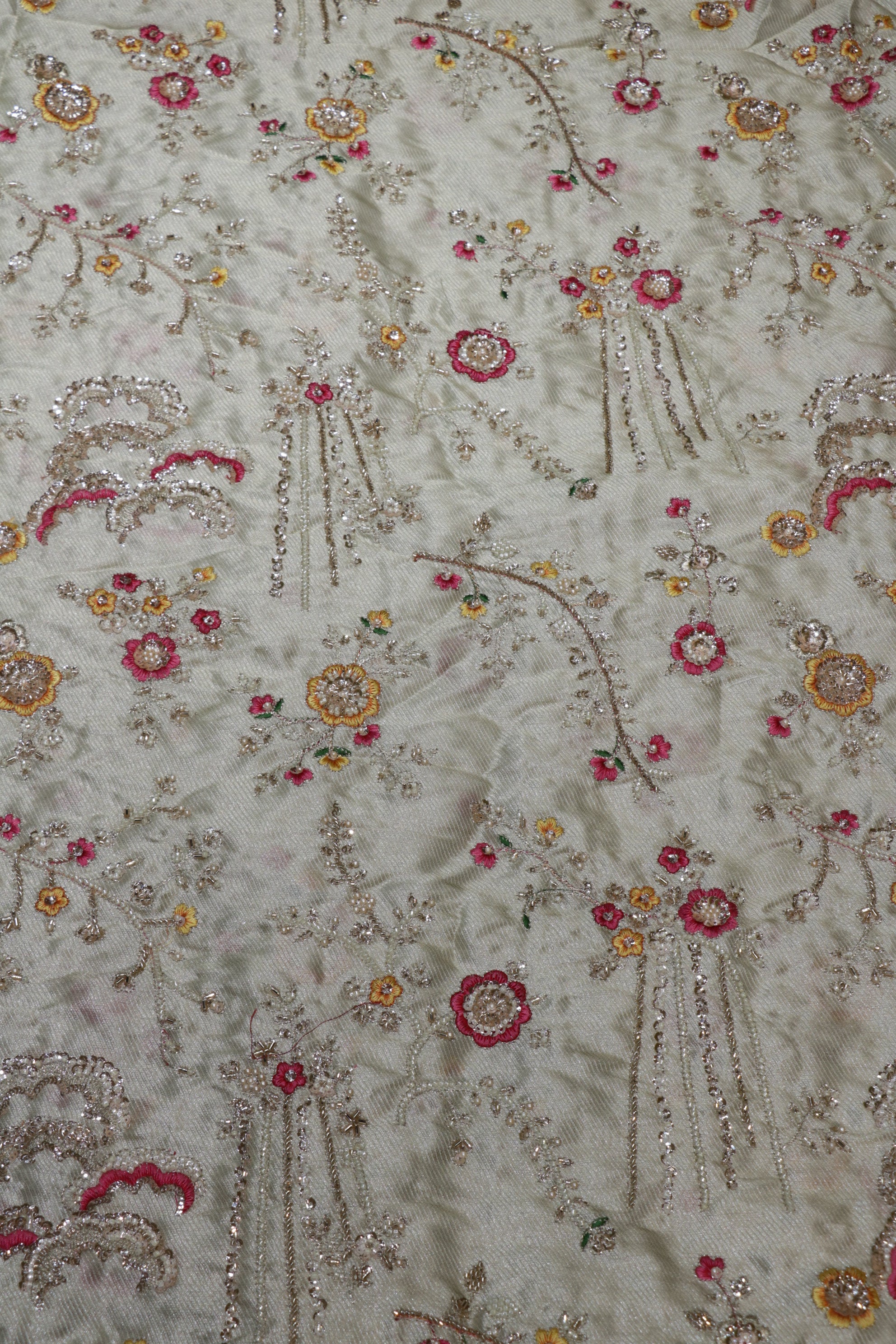 325-Dyable Pure Tissue Gold, Natural Crepe, Giraffe, Kanjivaram With Beads and Sequins Embroidery Work 44 Inch Width Allover
