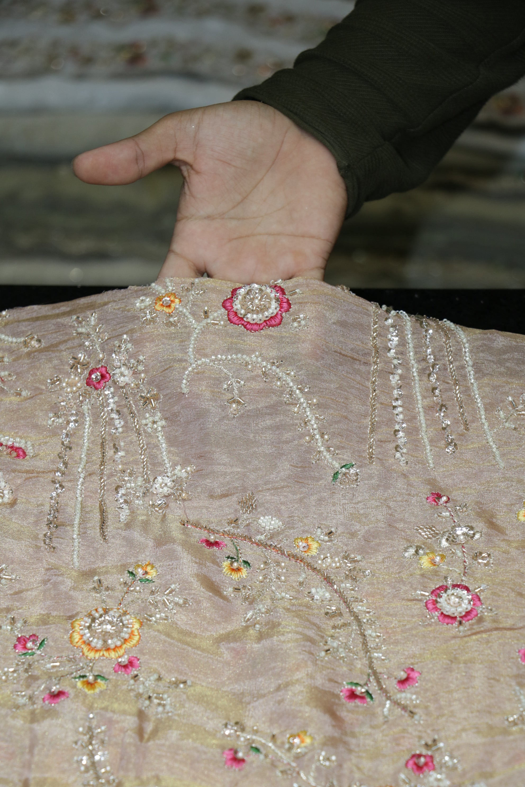 325-Color Set Pure Tissue Gold With Beads and Sequins Embroidery Work 44 Inch Width Allover