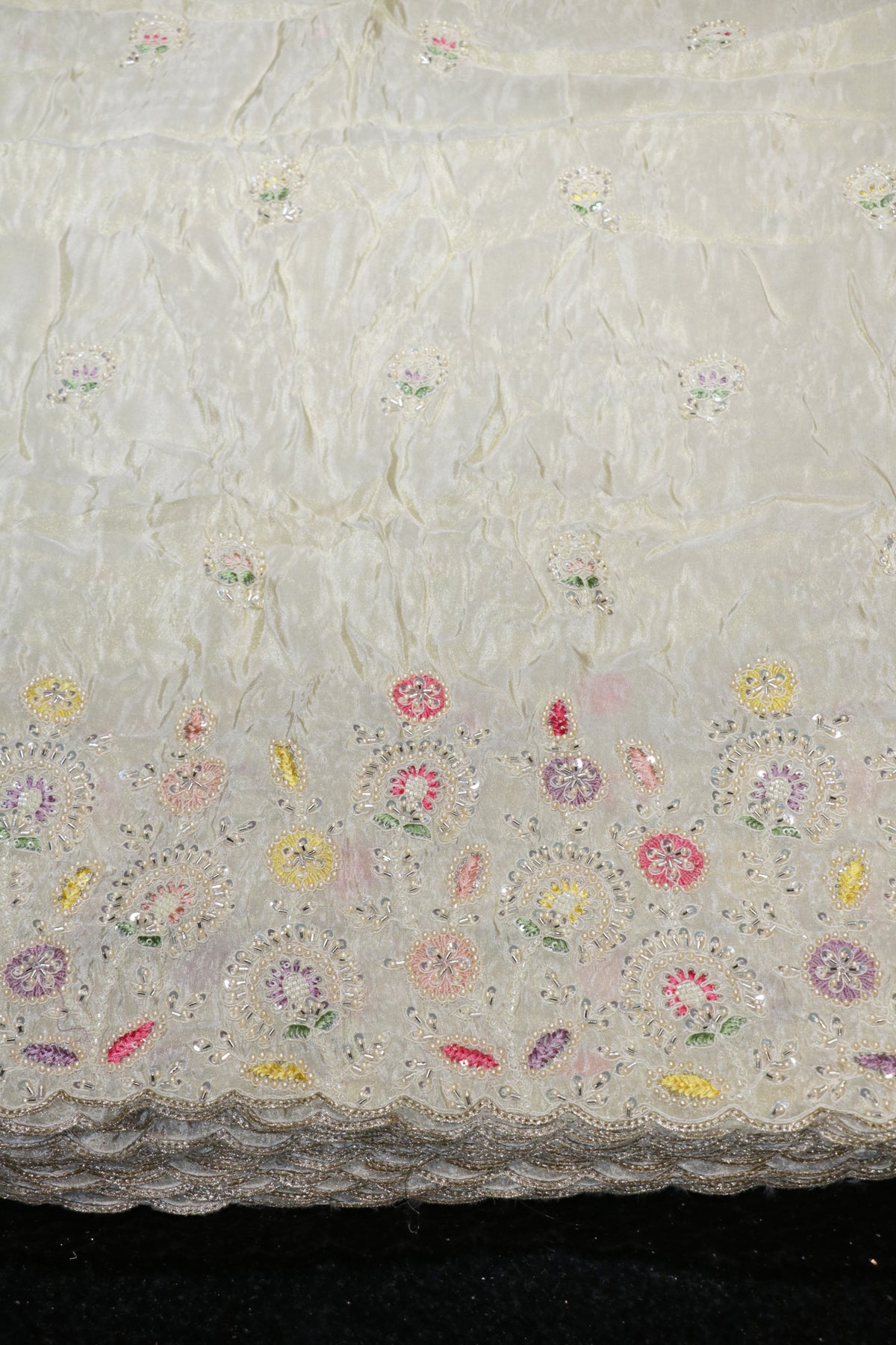45-Dyable Pure Tissue Gold With Beads and Sequins Embroidery Work 58 Inch Width Daman