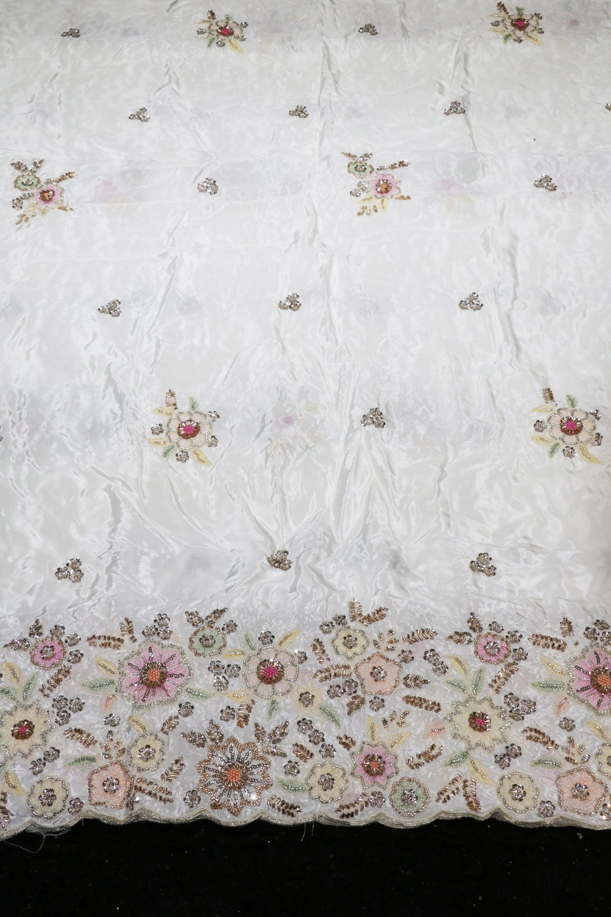 224-Dyable Pure Natural Crepe With Beads and Sequins Embroidery Work 58 Inch Width Daman