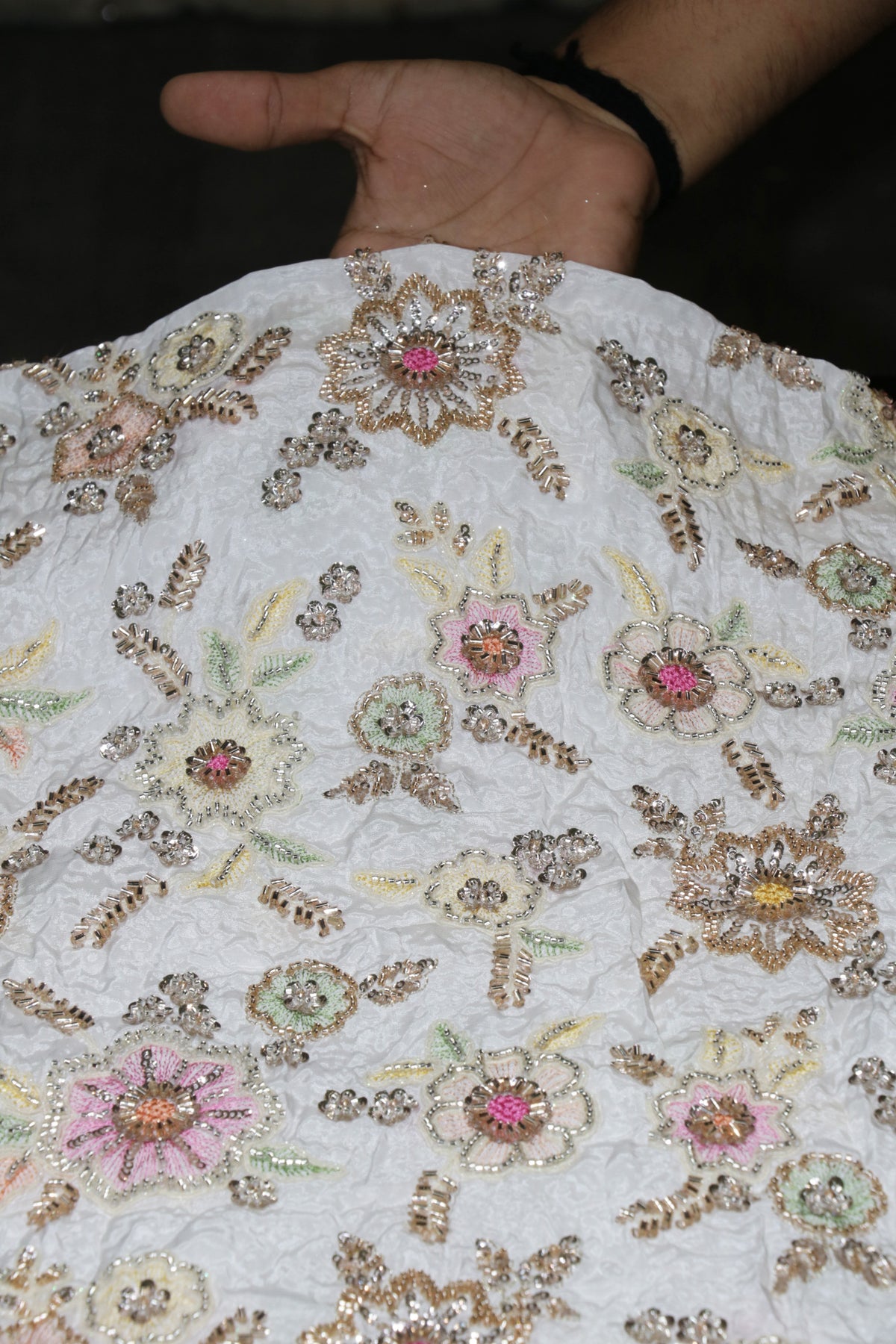 224-Dyable Pure Natural Crepe With Beads and Sequins Embroidery Work 44 Inch Width Allover