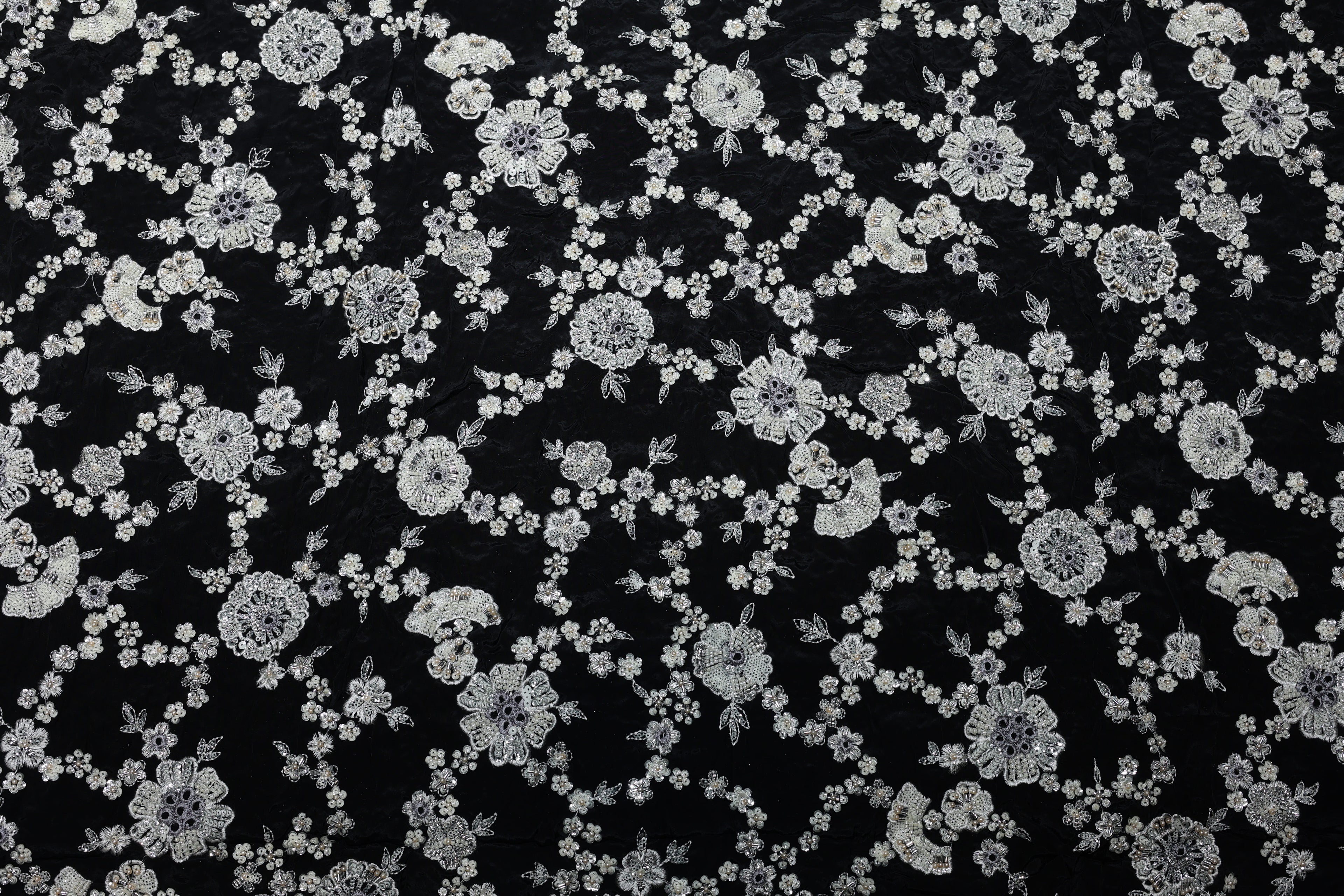Pure Crepe Handwork Floral Pattern Embroidery 44 Inch Width