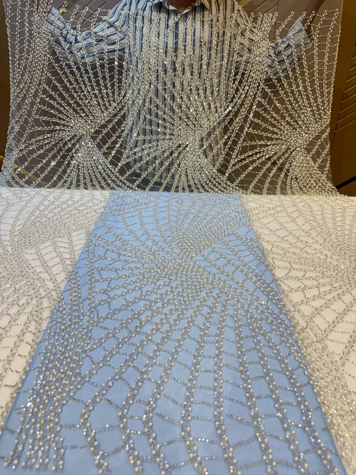Sky Blue Imax Handwork Net embroidery With Pearl And Cutdana 54 inch width