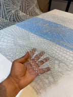 Sky Blue Imax Handwork Net embroidery With Pearl And Cutdana 54 inch width