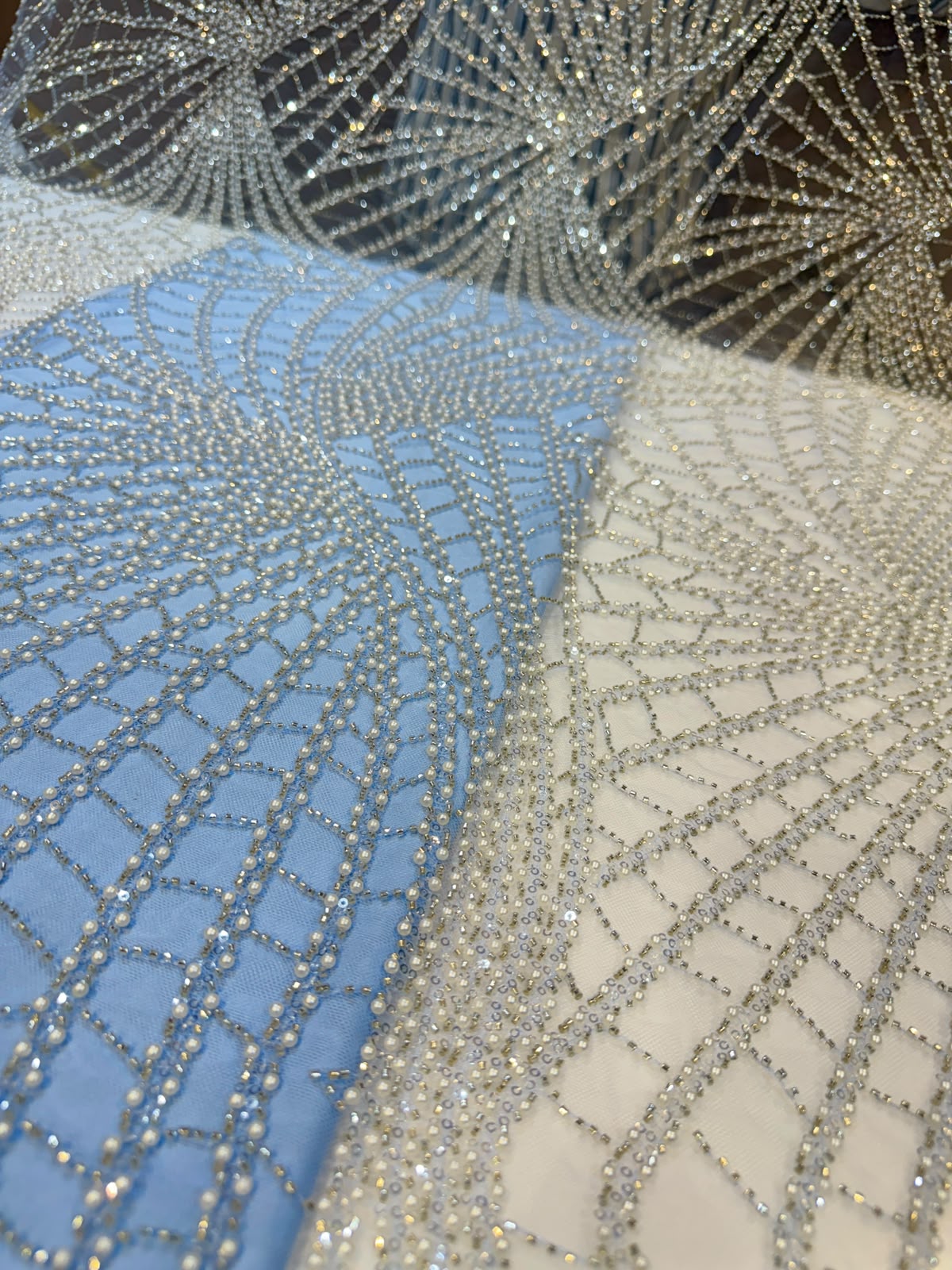 Sky Blue Imax Handwork Net embroidery With Pearl And Cutdana 54 inch width